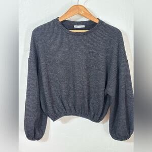 Zara Charcoal Ribbed Knit Crew Cropped Sweater Made in Portugal Small S